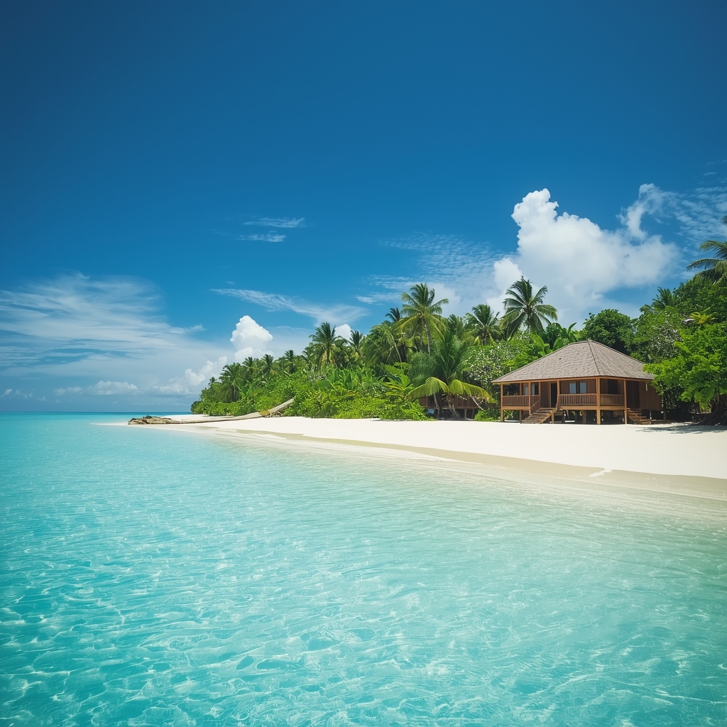 A secluded tropical white sand beach with turquoise water and a luxury wooden bungalow, sunny day, paradise, realistic, no people